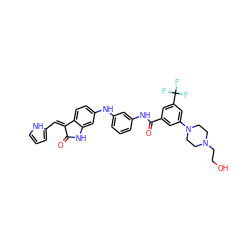 O=C1Nc2cc(Nc3cccc(NC(=O)c4cc(N5CCN(CCO)CC5)cc(C(F)(F)F)c4)c3)ccc2/C1=C/c1ccc[nH]1 ZINC000084723410