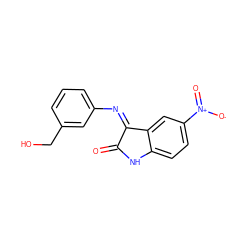 O=C1Nc2ccc([N+](=O)[O-])cc2/C1=N/c1cccc(CO)c1 ZINC000013574372