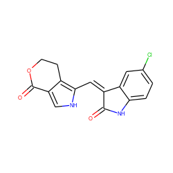 O=C1Nc2ccc(Cl)cc2/C1=C/c1[nH]cc2c1CCOC2=O ZINC000013490191