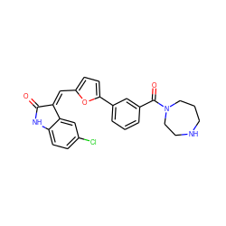 O=C1Nc2ccc(Cl)cc2/C1=C\c1ccc(-c2cccc(C(=O)N3CCCNCC3)c2)o1 ZINC000084727597