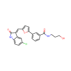 O=C1Nc2ccc(Cl)cc2/C1=C\c1ccc(-c2cccc(C(=O)NCCCO)c2)o1 ZINC000084670398