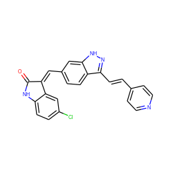 O=C1Nc2ccc(Cl)cc2/C1=C\c1ccc2c(/C=C/c3ccncc3)n[nH]c2c1 ZINC000096273699