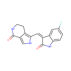 O=C1Nc2ccc(F)cc2/C1=C/c1[nH]cc2c1CCNC2=O ZINC000013490200