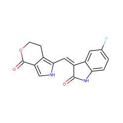 O=C1Nc2ccc(F)cc2/C1=C/c1[nH]cc2c1CCOC2=O ZINC000013490190