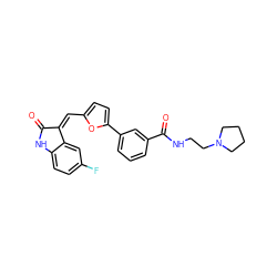 O=C1Nc2ccc(F)cc2/C1=C\c1ccc(-c2cccc(C(=O)NCCN3CCCC3)c2)o1 ZINC000084710348