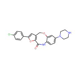 O=C1Nc2ccc(N3CCNCC3)cc2OCc2cc(-c3ccc(Cl)cc3)oc21 ZINC000073240416