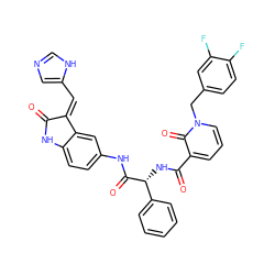 O=C1Nc2ccc(NC(=O)[C@H](NC(=O)c3cccn(Cc4ccc(F)c(F)c4)c3=O)c3ccccc3)cc2/C1=C/c1cnc[nH]1 ZINC000653912234