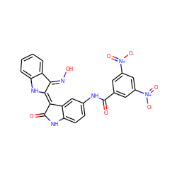 O=C1Nc2ccc(NC(=O)c3cc([N+](=O)[O-])cc([N+](=O)[O-])c3)cc2/C1=C1/Nc2ccccc2/C1=N\O ZINC000653856822