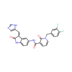 O=C1Nc2ccc(NC(=O)c3cccn(Cc4ccc(F)c(F)c4)c3=O)cc2/C1=C/c1cnc[nH]1 ZINC000653905134