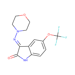 O=C1Nc2ccc(OC(F)(F)F)cc2C1=NN1CCOCC1 ZINC000863065692