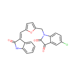 O=C1Nc2ccccc2/C1=C\c1ccc(CN2C(=O)C(=O)c3cc(Cl)ccc32)o1 ZINC000095560996