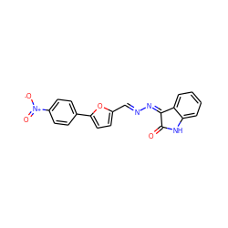 O=C1Nc2ccccc2/C1=N/N=C/c1ccc(-c2ccc([N+](=O)[O-])cc2)o1 ZINC000001001196