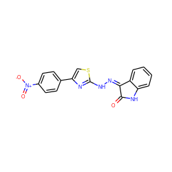 O=C1Nc2ccccc2/C1=N/Nc1nc(-c2ccc([N+](=O)[O-])cc2)cs1 ZINC000004333634