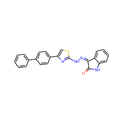 O=C1Nc2ccccc2/C1=N/Nc1nc(-c2ccc(-c3ccccc3)cc2)cs1 ZINC000013465522