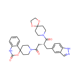 O=C1Nc2ccccc2C2(CCN(C(=O)C[C@@H](Cc3ccc4[nH]ncc4c3)C(=O)N3CCC4(CC3)OCCO4)CC2)O1 ZINC000084634212