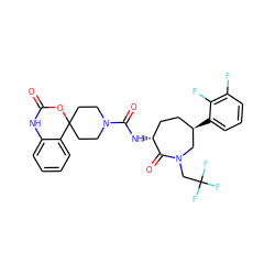 O=C1Nc2ccccc2C2(CCN(C(=O)N[C@@H]3CC[C@@H](c4cccc(F)c4F)CN(CC(F)(F)F)C3=O)CC2)O1 ZINC000049694822