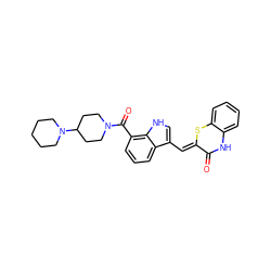 O=C1Nc2ccccc2S/C1=C\c1c[nH]c2c(C(=O)N3CCC(N4CCCCC4)CC3)cccc12 ZINC000028371717