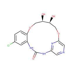 O=C1Nc2cncc(n2)OC[C@H](O)[C@H](O)COc2ccc(Cl)cc2N1 ZINC000043077376