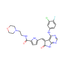 O=C1Nc2ncnc(Nc3ccc(F)c(Cl)c3)c2/C1=C/c1ccc(C(=O)NCCN2CCOCC2)[nH]1 ZINC000013445431