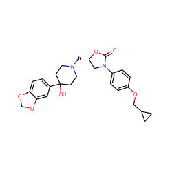 O=C1O[C@@H](CN2CCC(O)(c3ccc4c(c3)OCO4)CC2)CN1c1ccc(OCC2CC2)cc1 ZINC000029417011