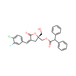 O=C1O[C@](CO)(COC(=O)C(c2ccccc2)c2ccccc2)C/C1=C/c1ccc(Cl)c(F)c1 ZINC000045495583