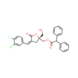 O=C1O[C@](CO)(COC(=O)C(c2ccccc2)c2ccccc2)C/C1=C/c1ccc(F)c(Cl)c1 ZINC000045495910