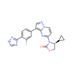 O=C1OC[C@H](C2CC2)N1c1ccn2ncc(-c3ccc(-c4nc[nH]n4)c(F)c3)c2n1 ZINC000116185485