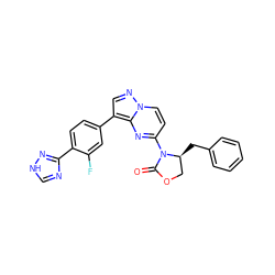 O=C1OC[C@H](Cc2ccccc2)N1c1ccn2ncc(-c3ccc(-c4nc[nH]n4)c(F)c3)c2n1 ZINC000116186320