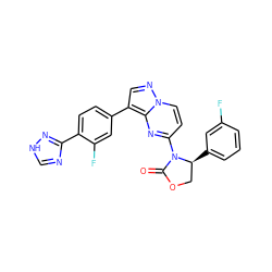 O=C1OC[C@H](c2cccc(F)c2)N1c1ccn2ncc(-c3ccc(-c4nc[nH]n4)c(F)c3)c2n1 ZINC000165259831