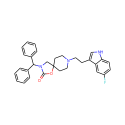 O=C1OC2(CCN(CCc3c[nH]c4ccc(F)cc34)CC2)CN1C(c1ccccc1)c1ccccc1 ZINC000013743436