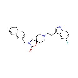 O=C1OC2(CCN(CCc3c[nH]c4ccc(F)cc34)CC2)CN1Cc1ccc2ccccc2c1 ZINC000013743431