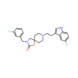 O=C1OC2(CCN(CCc3c[nH]c4ccc(F)cc34)CC2)CN1Cc1cccc(F)c1 ZINC000013743427