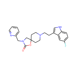 O=C1OC2(CCN(CCc3c[nH]c4ccc(F)cc34)CC2)CN1Cc1ccccn1 ZINC000013743428