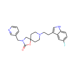 O=C1OC2(CCN(CCc3c[nH]c4ccc(F)cc34)CC2)CN1Cc1cccnc1 ZINC000013743430