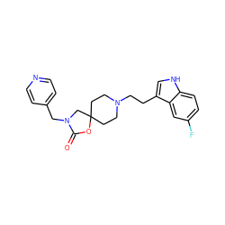 O=C1OC2(CCN(CCc3c[nH]c4ccc(F)cc34)CC2)CN1Cc1ccncc1 ZINC000013743429