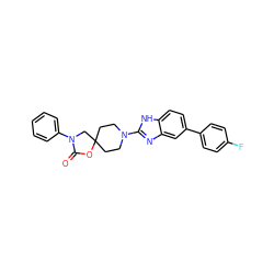 O=C1OC2(CCN(c3nc4cc(-c5ccc(F)cc5)ccc4[nH]3)CC2)CN1c1ccccc1 ZINC000064559780