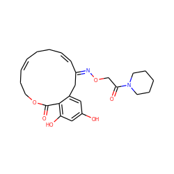 O=C1OCC/C=C/CC/C=C/C(=N/OCC(=O)N2CCCCC2)Cc2cc(O)cc(O)c21 ZINC000043121571