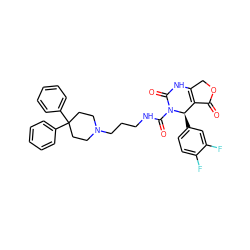 O=C1OCC2=C1[C@@H](c1ccc(F)c(F)c1)N(C(=O)NCCCN1CCC(c3ccccc3)(c3ccccc3)CC1)C(=O)N2 ZINC000100801392