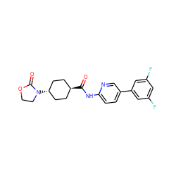 O=C1OCCN1[C@H]1CC[C@H](C(=O)Nc2ccc(-c3cc(F)cc(F)c3)cn2)CC1 ZINC000113698495