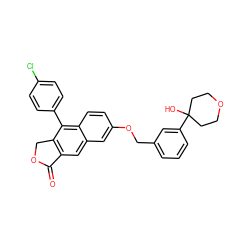 O=C1OCc2c1cc1cc(OCc3cccc(C4(O)CCOCC4)c3)ccc1c2-c1ccc(Cl)cc1 ZINC000013759193