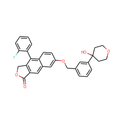 O=C1OCc2c1cc1cc(OCc3cccc(C4(O)CCOCC4)c3)ccc1c2-c1ccccc1F ZINC000013759196