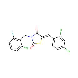 O=C1S/C(=C\c2ccc(Cl)cc2Cl)C(=O)N1Cc1c(F)cccc1Cl ZINC000049583060