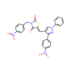 O=C1S/C(=C\c2cn(-c3ccccc3)nc2-c2ccc([N+](=O)[O-])cc2)C(=O)N1Cc1ccc([N+](=O)[O-])cc1 ZINC001772652224