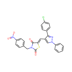 O=C1S/C(=C\c2cn(-c3ccccc3)nc2-c2ccc(Cl)cc2)C(=O)N1Cc1ccc([N+](=O)[O-])cc1 ZINC001772628832