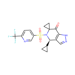 O=C1c2[nH]ncc2[C@@H](C2CC2)N(S(=O)(=O)c2ccc(C(F)(F)F)nc2)C12CC2 ZINC000049045275