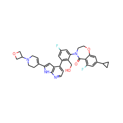 O=C1c2c(F)cc(C3CC3)cc2OCCN1c1cc(F)cc(-c2ccnc3[nH]c(C4=CCN(C5COC5)CC4)cc23)c1CO ZINC001772631357