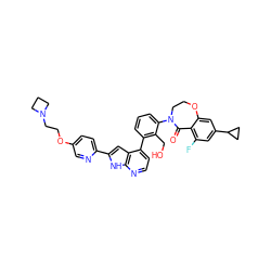 O=C1c2c(F)cc(C3CC3)cc2OCCN1c1cccc(-c2ccnc3[nH]c(-c4ccc(OCCN5CCC5)cn4)cc23)c1CO ZINC001772636584