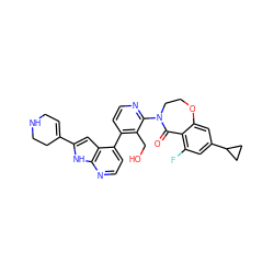 O=C1c2c(F)cc(C3CC3)cc2OCCN1c1nccc(-c2ccnc3[nH]c(C4=CCNCC4)cc23)c1CO ZINC001772621118