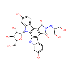 O=C1c2c(c3c4ccc(O)cc4n([C@@H]4O[C@H](CO)[C@@H](O)[C@@H]4O)c3c3[nH]c4cc(O)ccc4c23)C(=O)N1NC(CO)CO ZINC000027427854