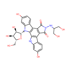 O=C1c2c(c3c4ccc(O)cc4n([C@@H]4O[C@H](CO)[C@@H](O)[C@H]4O)c3c3[nH]c4cc(O)ccc4c23)C(=O)N1NC(CO)CO ZINC000003949448